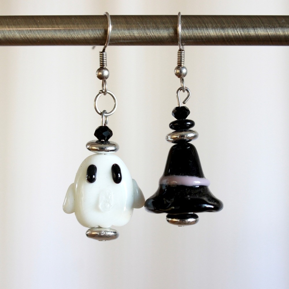 Handmade Halloween Ghost and Witch‎ Hat Glass Bead Drop Earrings Silver